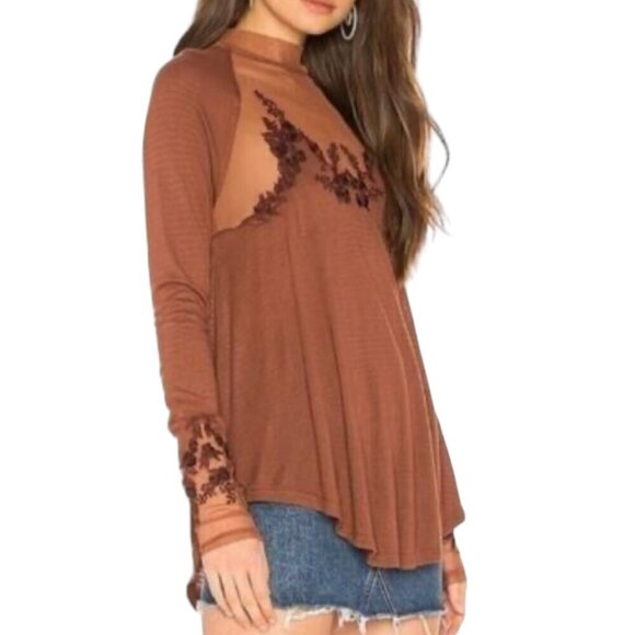 Free People Saheli Long Sleeve Sheer Yoke Embroidered Casual Blouse Brown XS - Picture 1 of 8